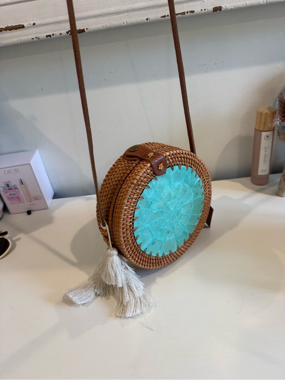 Woven Round Crossbody Bag with Turquoise Accent